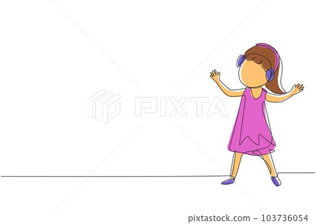 Single one line drawing girl listening to music with headphones on her head. Kid wearing earphones and headphones, listening to music and dancing. Continuous line design graphic vector illustration 103736054