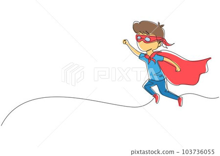 Single continuous line drawing boy flies through air in super hero pose with outstretched hand. Kid in super hero costume with mask on his face and cloak tied around neck. One line draw graphic design 103736055