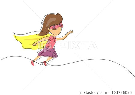 Continuous one line drawing cute super girl. Little girl dressed as super hero flying in traditional heroic pose, stretching up her arm, cape in wind develops. Single line draw design vector graphic Continuous one line drawing cute super girl. Little girl dressed as super hero flying in traditional heroic pose, stretching up her arm, cape in wind develops. Single line draw design vector graphic 103736056
