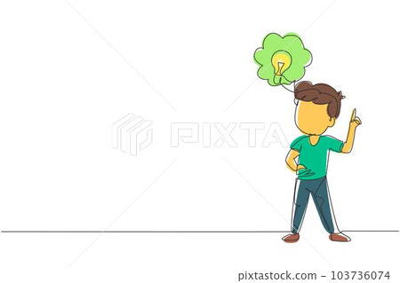 Single one line drawing little boy thinking. Kids think creative idea. Bubble with light bulbs sign. Concept of learning and growing children. Continuous line draw design graphic vector illustration Single one line drawing little boy thinking. Kids think creative idea. Bubble with light bulbs sign. Concept of learning and growing children. Continuous line draw design graphic vector illustration 103736074