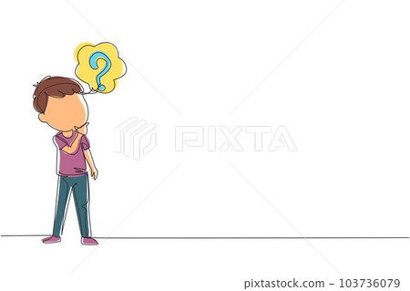 Continuous one line drawing cute boy thinking. Kids think creative idea. Bubble with question mark sign. Concept of learning and growing children. Single line draw design vector graphic illustration 103736079