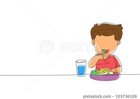Single one line drawing boy eating healthy morning breakfast food. Happy child eat delicious food with milk at home. School boy enjoying dish. Continuous line draw design graphic vector illustration Single one line drawing boy eating healthy morning breakfast food. Happy child eat delicious food with milk at home. School boy enjoying dish. Continuous line draw design graphic vector illustration 103736109