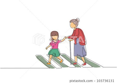 Single one line drawing little girl helps old woman to cross road at pedestrian crossing. Help grandmother crosswalk. Safety traffic. Modern continuous line draw design graphic vector illustration Single one line drawing little girl helps old woman to cross road at pedestrian crossing. Help grandmother crosswalk. Safety traffic. Modern continuous line draw design graphic vector illustration 103736131