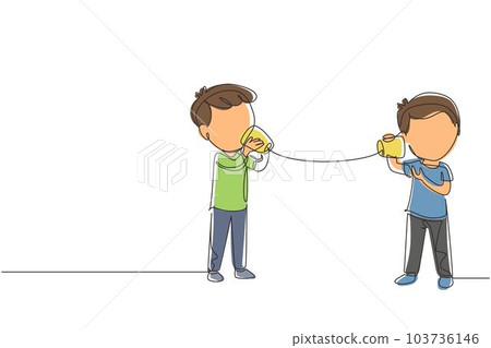 Single continuous line drawing little boys talk using string phone. Children communicating through paper cups phone. Kids playing with can telephone. One line draw graphic design vector illustration Single continuous line drawing little boys talk using string phone. Children communicating through paper cups phone. Kids playing with can telephone. One line draw graphic design vector illustration 103736146
