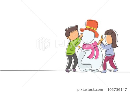 Single one line drawing happy children make snowman together. Snowy forest, little boys and girls in warm clothes, New Year's snowman. Modern continuous line draw design graphic vector illustration Single one line drawing happy children make snowman together. Snowy forest, little boys and girls in warm clothes, New Year's snowman. Modern continuous line draw design graphic vector illustration 103736147