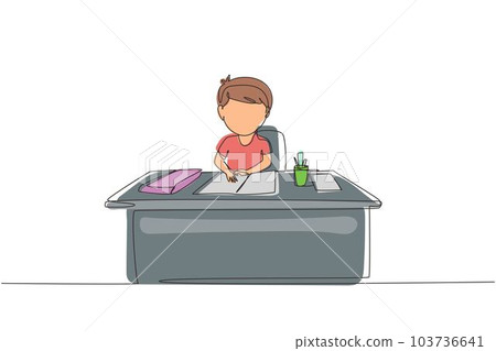 Single continuous line drawing boy studying on table with stationery such as books, pencils, pens. Kid makes homework from school. Intelligent student. One line draw graphic design vector illustration Single continuous line drawing boy studying on table with stationery such as books, pencils, pens. Kid makes homework from school. Intelligent student. One line draw graphic design vector illustration 103736641