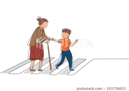 Single continuous line drawing polite boy help grandmother cross street. Well mannered child assistance to aged woman. Kid and elderly female go on crosswalk together. One line graphic design vector Single continuous line drawing polite boy help grandmother cross street. Well mannered child assistance to aged woman. Kid and elderly female go on crosswalk together. One line graphic design vector 103736652