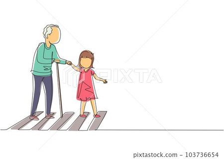 Single continuous line drawing polite girl helping grandfather to cross street. Courteous kind kid taking old man across road, holding hand. Manners and respect. One line draw graphic design vector Single continuous line drawing polite girl helping grandfather to cross street. Courteous kind kid taking old man across road, holding hand. Manners and respect. One line draw graphic design vector 103736654