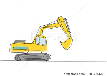 Single continuous line drawing digger hydraulic excavator with dipper. Heavy automobile. Auto in flat design. Children's toy hydraulic excavator. One line draw graphic design vector illustration 103736668