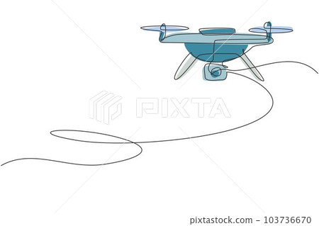 Continuous one line drawing remote control air drone. Drone flying with action video camera. Drone photography and drone video created. Quadcopter with camera. Single line draw design vector graphic Continuous one line drawing remote control air drone. Drone flying with action video camera. Drone photography and drone video created. Quadcopter with camera. Single line draw design vector graphic 103736670