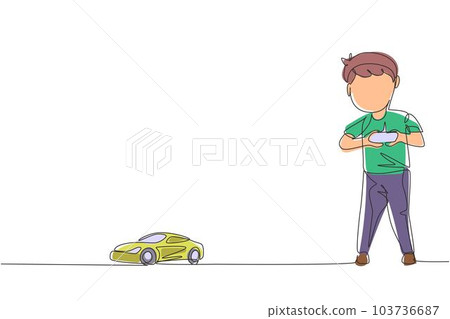 Single continuous line drawing little boy playing with remote-controlled car. Cute kids playing with electronic toy car with remote control in hands. One line draw graphic design vector illustration Single continuous line drawing little boy playing with remote-controlled car. Cute kids playing with electronic toy car with remote control in hands. One line draw graphic design vector illustration 103736687