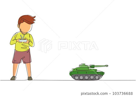 Single one line drawing boy playing with remote-controlled toy battle tank. Kids playing with electronic toy tank with remote control in hands. Continuous line draw design graphic vector illustration 103736688