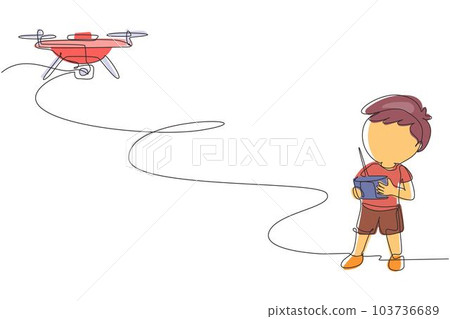 Single one line drawing boy with remote control drone. Kid playing with quadcopter. Happy child controlling flying robot camera drone. Modern continuous line draw design graphic vector illustration 103736689