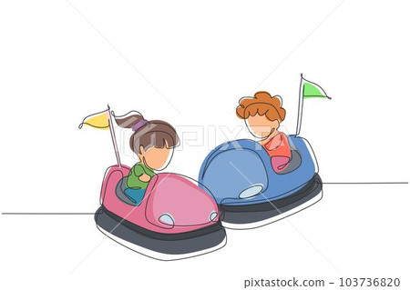 Single continuous line drawing children driving bumper car. Happy smiling boy and girl on bumper auto wheel attraction at amusement park. Enjoyment family time. One line draw graphic design vector Single continuous line drawing children driving bumper car. Happy smiling boy and girl on bumper auto wheel attraction at amusement park. Enjoyment family time. One line draw graphic design vector 103736820