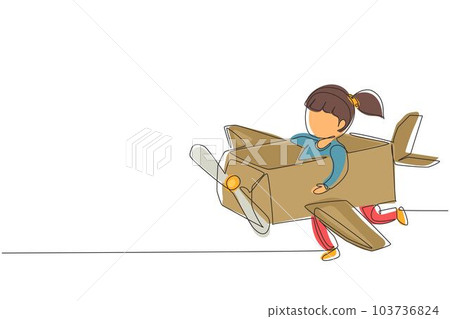 Single continuous line drawing creative girl playing as a pilot with cardboard airplane. Happy kids riding cardboard handmade airplane. Plane game. One line draw graphic design vector illustration 103736824