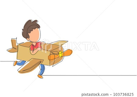 Single one line drawing creative boy playing as pilot with cardboard airplane. Happy kids riding cardboard handmade airplane. Plane game. Modern continuous line draw design graphic vector illustration Single one line drawing creative boy playing as pilot with cardboard airplane. Happy kids riding cardboard handmade airplane. Plane game. Modern continuous line draw design graphic vector illustration 103736825