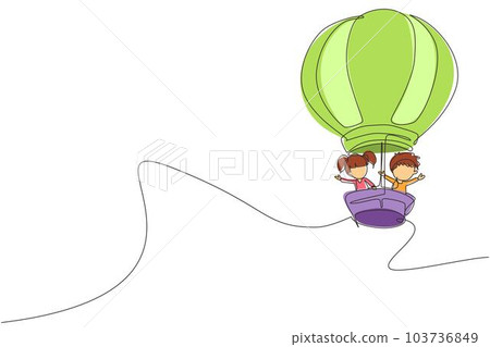 Single one line drawing happy kids riding hot air balloon. Flying smiling and lovely young children with hot air balloon on spring vacation. Continuous line draw design graphic vector illustration 103736849