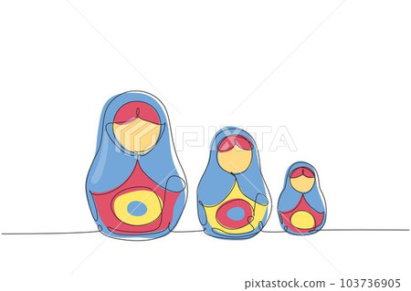 Continuous one line drawing matryoshka russian nesting dolls of different sizes, souvenir from Russia. Traditional Russian matryoshka dolls souvenir. Single line design vector graphic illustration Continuous one line drawing matryoshka russian nesting dolls of different sizes, souvenir from Russia. Traditional Russian matryoshka dolls souvenir. Single line design vector graphic illustration 103736905