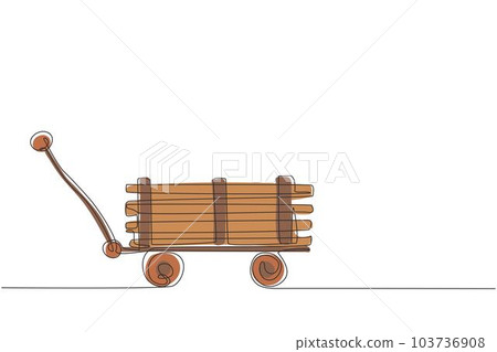 Continuous one line drawing toy mini wagon with wooden. Farm wheelbarrow. Equipment of garden cart for gardening, harvesting, planting seedlings. Single line draw design vector graphic illustration Continuous one line drawing toy mini wagon with wooden. Farm wheelbarrow. Equipment of garden cart for gardening, harvesting, planting seedlings. Single line draw design vector graphic illustration 103736908