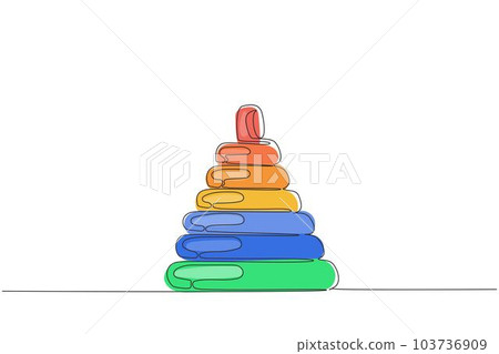 Single continuous line drawing children's plastic toy pyramid. Pyramid toy icon, Kids children stackable ring toy. Children pyramid or pile rings toy. One line draw graphic design vector illustration Single continuous line drawing children's plastic toy pyramid. Pyramid toy icon, Kids children stackable ring toy. Children pyramid or pile rings toy. One line draw graphic design vector illustration 103736909