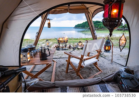 Inside the tent camping layout solo camping camping lantern lamp sea bonfire glamping 103738530