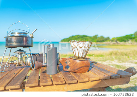 camping coffee morning camping gear drip coffee outdoor beach sea 103738628