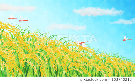 紅色蜻蜓和稻穗生長陽光的背景插圖 103740213