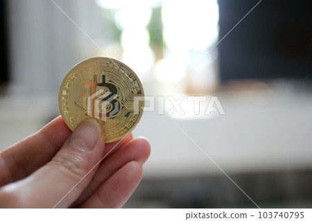 Hand hold gold bitcoin cryptocurrency on grey background. Physical bit coin. Digital currency Hand hold gold bitcoin cryptocurrency on grey background. Physical bit coin. Digital currency 103740795