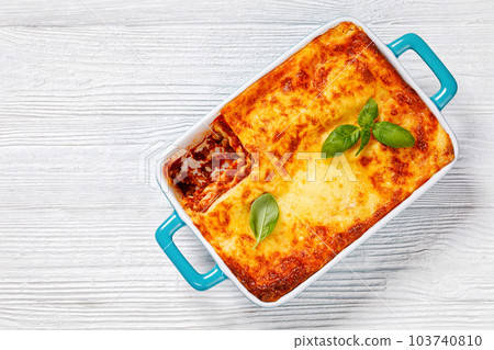 lasagne al forno, italian beef lasagna, top view lasagne al forno, italian beef lasagna, top view 103740810