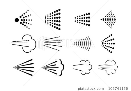 Spray steam icons. cleanning deodorant sprayed line icon set, spraying water steam nozzle flows vector signs. Vector 103741156
