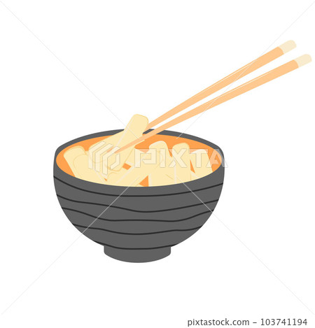 Tteokbokki is on a bowl vector stock illustration. Traditional Korean food. Chopsticks. rice cake, red pepper sauce and vegetables.Isolated on a white background. 103741194