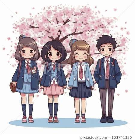 高中男女生和櫻花的插圖“AI生成圖像” 103741380