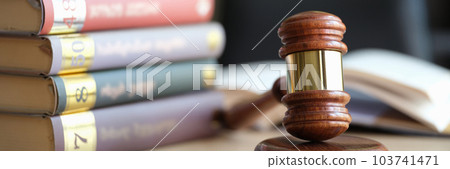 Wooden judge gavel on sounding block and stack of law books 103741471
