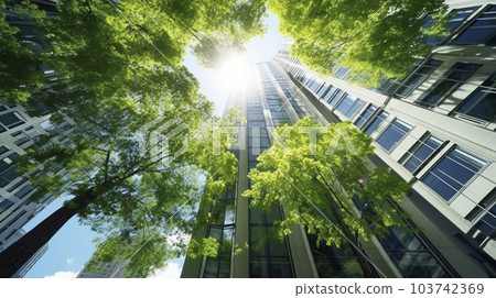 新鮮的綠樹、建築物和藍天的廣角拍攝“AI 生成圖像” 新鮮的綠樹、建築物和藍天的廣角拍攝“AI 生成圖像” 103742369