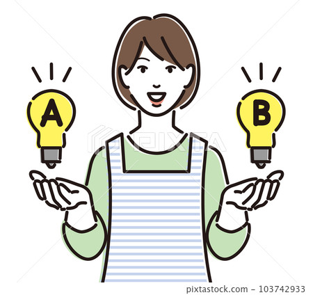 一位穿著圍裙的女士為 A 計劃展示了一個燈泡 103742933