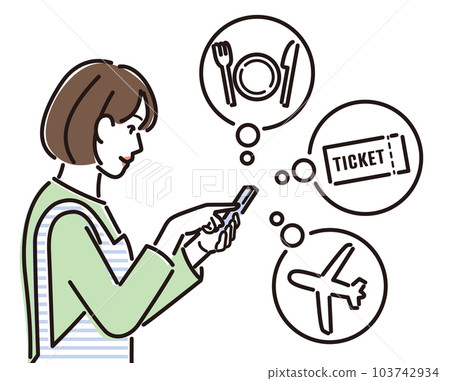 Woman looking up travel plans on smartphone Woman looking up travel plans on smartphone 103742934