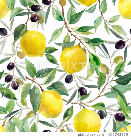 Beautiful seamless pattern with hand drawn watercolor yellow lemons on branches with leaves and black olives. Stock illustration. 103743529