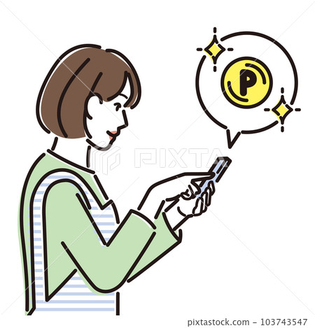 一個圍裙的女人用智能手機收集積分 一個圍裙的女人用智能手機收集積分 103743547