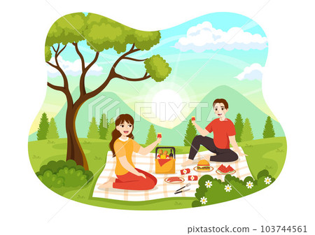 Picnic Outdoors Vector Illustration of People Sitting on a Green Grass in Nature on Summer Holiday Vacations in Flat Cartoon Hand Drawn Templates Picnic Outdoors Vector Illustration of People Sitting on a Green Grass in Nature on Summer Holiday Vacations in Flat Cartoon Hand Drawn Templates 103744561