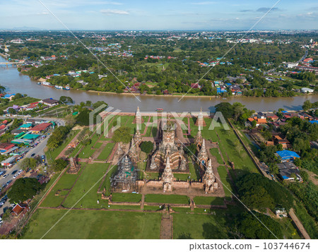 Aerial view evening sunset at Wat Chaiwatthanaram green grass park famous ruin temple Aerial view evening sunset at Wat Chaiwatthanaram green grass park famous ruin temple 103744674