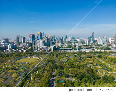 Aerial view city green forest public park with modern office building Benjakitti Park Aerial view city green forest public park with modern office building Benjakitti Park 103744680