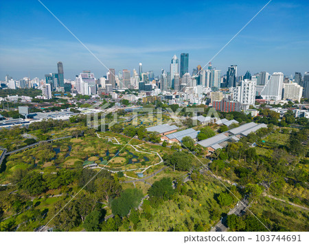 Aerial view city green forest public park with modern office building Benjakitti Park 103744691