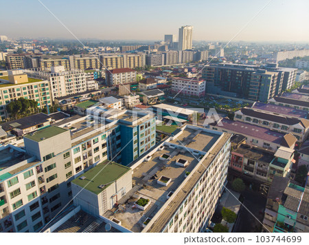 Aerial view metropolitan city office building morning sky Aerial view metropolitan city office building morning sky 103744699