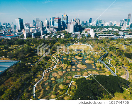 Aerial view city green forest public park with modern office building Benjakitti Park Aerial view city green forest public park with modern office building Benjakitti Park 103744706