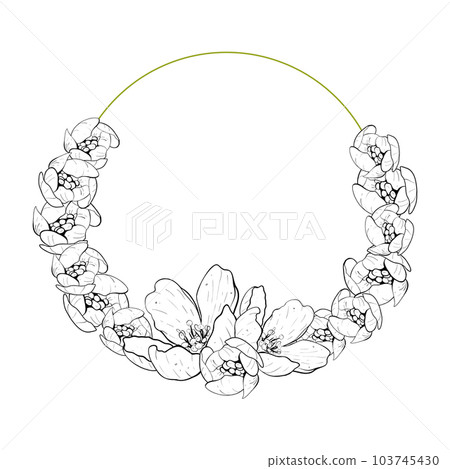 Vector illustration ring frame composition with flowers of cherry, sakura, apple, plum, wild cherry plum, bird cherry, pear. Realistic black contour, graphic drawing. For cards, logo, photos, stickers Vector illustration ring frame composition with flowers of cherry, sakura, apple, plum, wild cherry plum, bird cherry, pear. Realistic black contour, graphic drawing. For cards, logo, photos, stickers 103745430