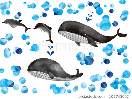 Watercolor touch black whale, dolphin and fluffy polka dot set 103745692