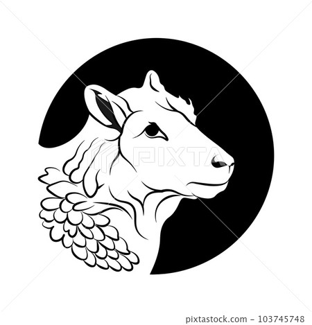 Sheep logo inside a circle, line art logo, with a touch of fur below the neck 103745748