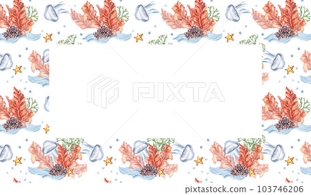 Frame of colorful sea plants watercolor illustration isolated on white. Red porphyria, , purple coral, jellyfish hand drawn. Design for package, banner, invitation, label, wrapping, background 103746206