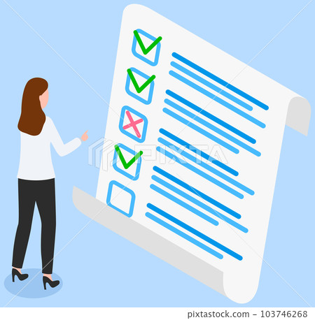 Woman studying questionnaire. Female character checks and grades test. Exam assessment concept 103746268