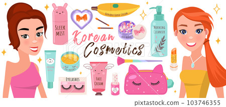 Korean cosmetics skin care and beauty banner with two beautiful girls and cosmetic accessories Korean cosmetics skin care and beauty banner with two beautiful girls and cosmetic accessories 103746355